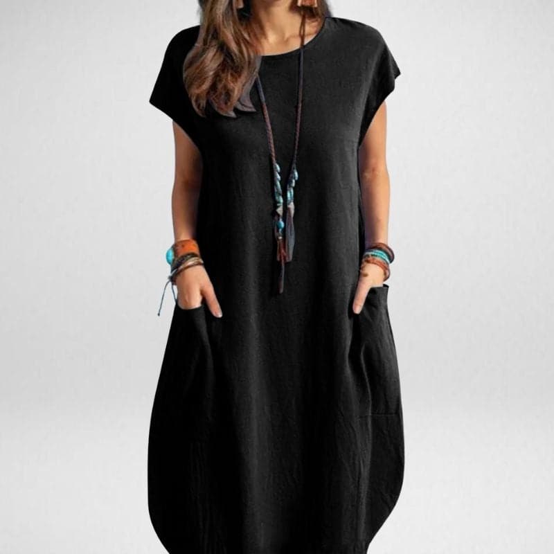 Women's Maxi Dress - Loose Fit - Round Neck - Knee-Length with Short Sleeves and Pockets