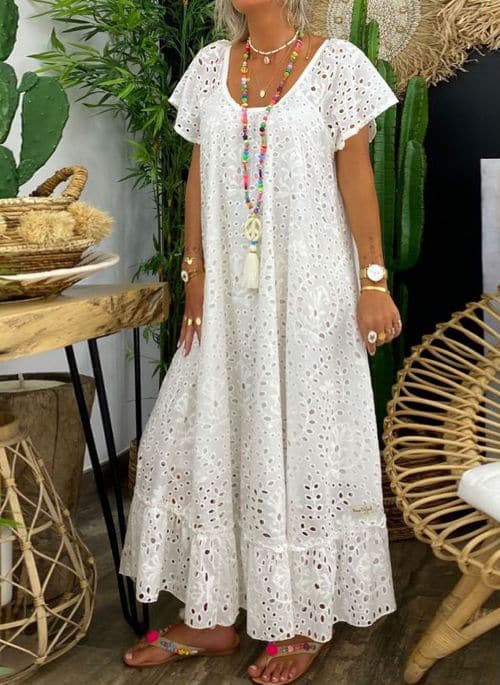 Women's Maxi Dress - Bohemian Style - Broderie Anglaise - V-neck - Airy and Comfortable