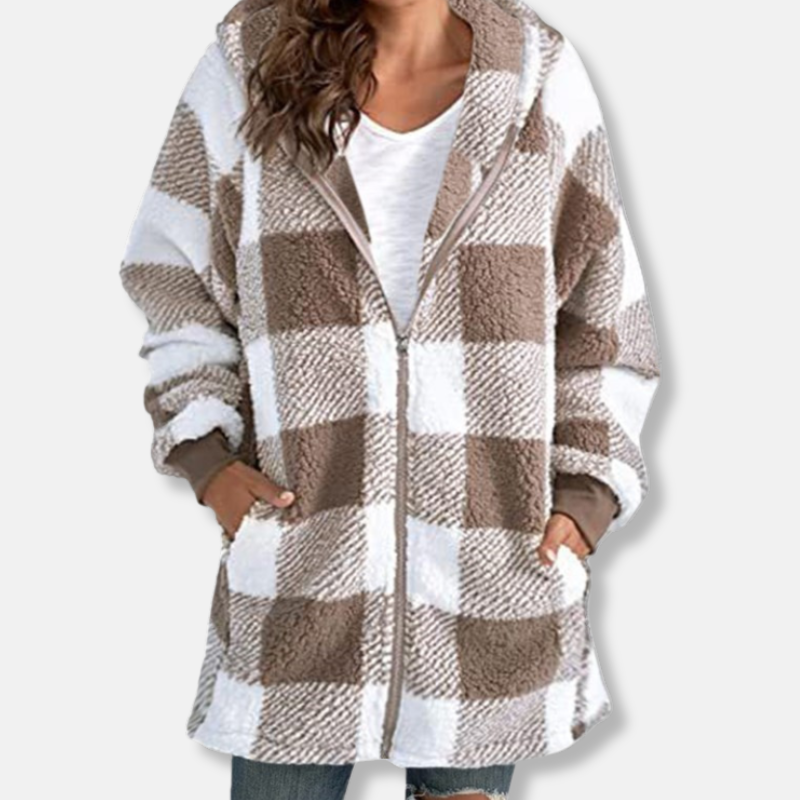 Women's Hoodie – Oversized Fit – Checkered Pattern – Soft Knit – Full Zipper