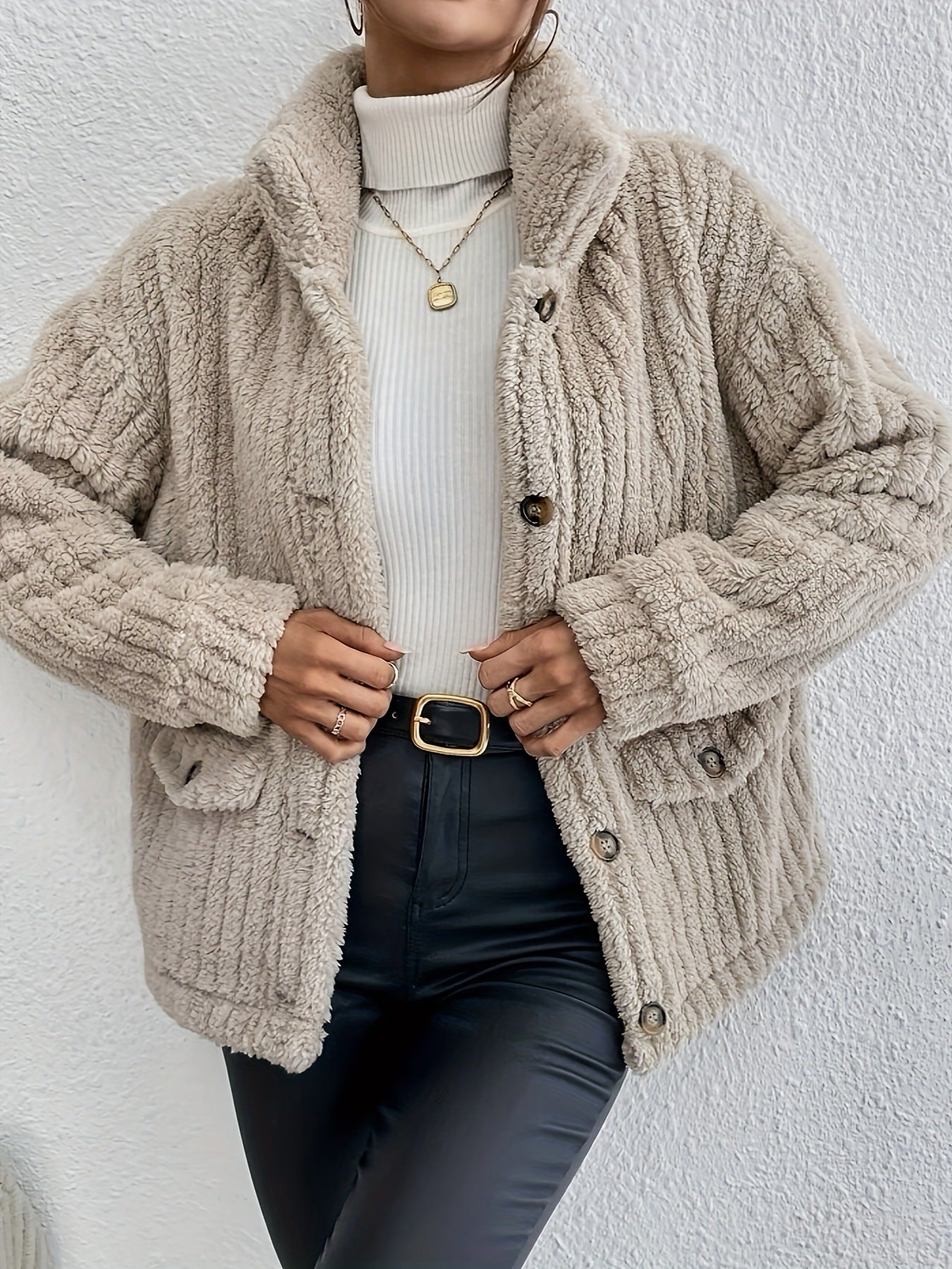 Women's Fur Jacket - Soft Faux Fur - Knee-Length - Classic Button Closure