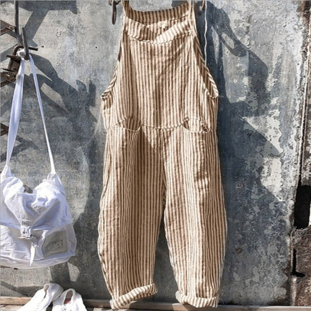 Women's Jumpsuit – Relaxed Fit – Wide Legs – Sleeveless – Natural Fibers – Adjustable Straps – Checkered Pattern