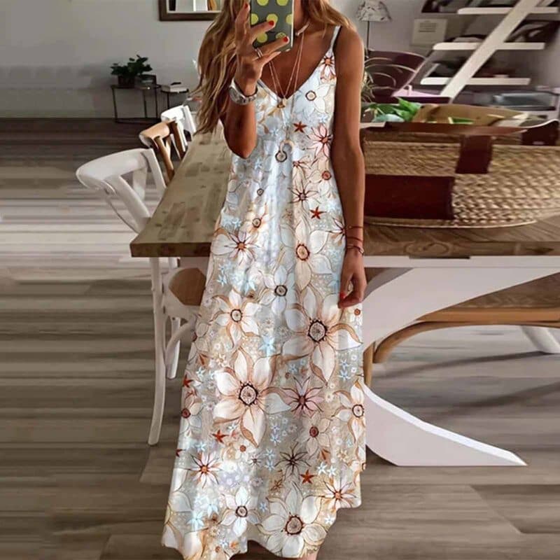 Maxi Dress for Women – V-Neck – Thin Straps – Flowing Fit – Bohemian Tie-Dye