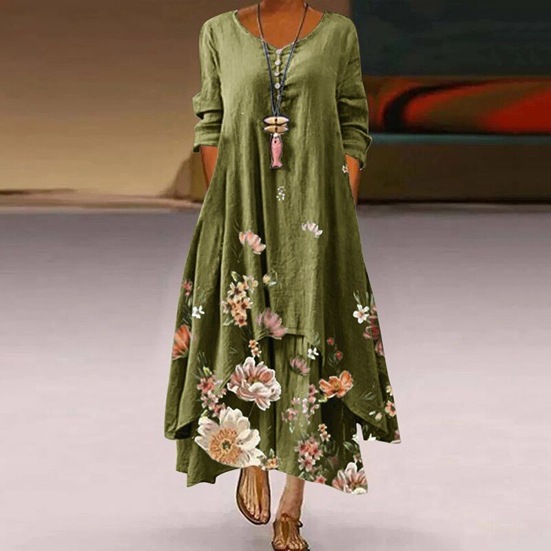 Women's Maxi Dress – Loose Fit – Long Sleeves – Floral Print – Round Neck