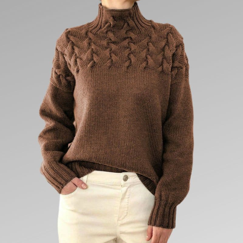 Women's Knitted Sweater - High Neck - Cable Knit Pattern - Ribbed Cuffs