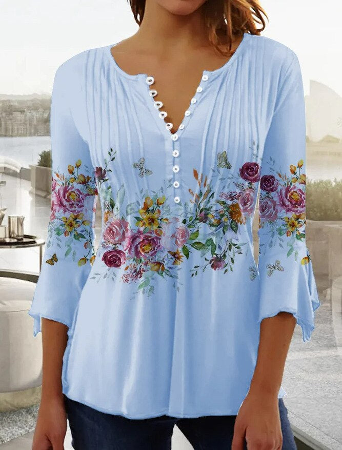 Women's Blouse – Relaxed Fit – V-neck – 3/4 Sleeves – Breathable Fabric – Floral Print