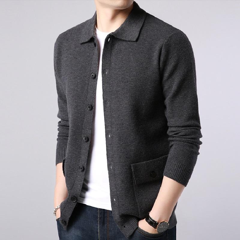 Men's Cardigan - Knitted Wool Blend - Slim Fit - Button Placket & Collar - Pockets
