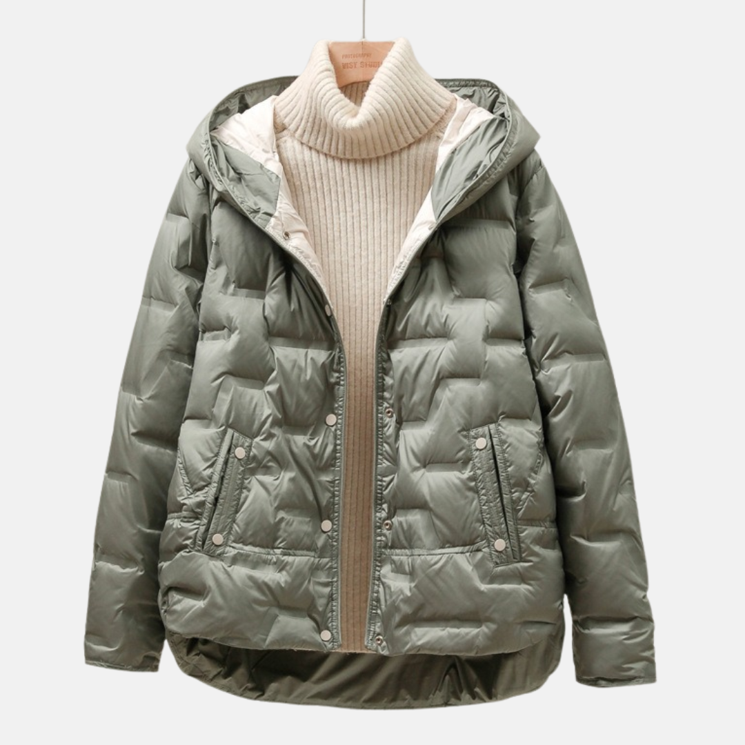 Women’s Jacket - Quilted - Woven Fabric - Attached Hood - Snap Button Closure