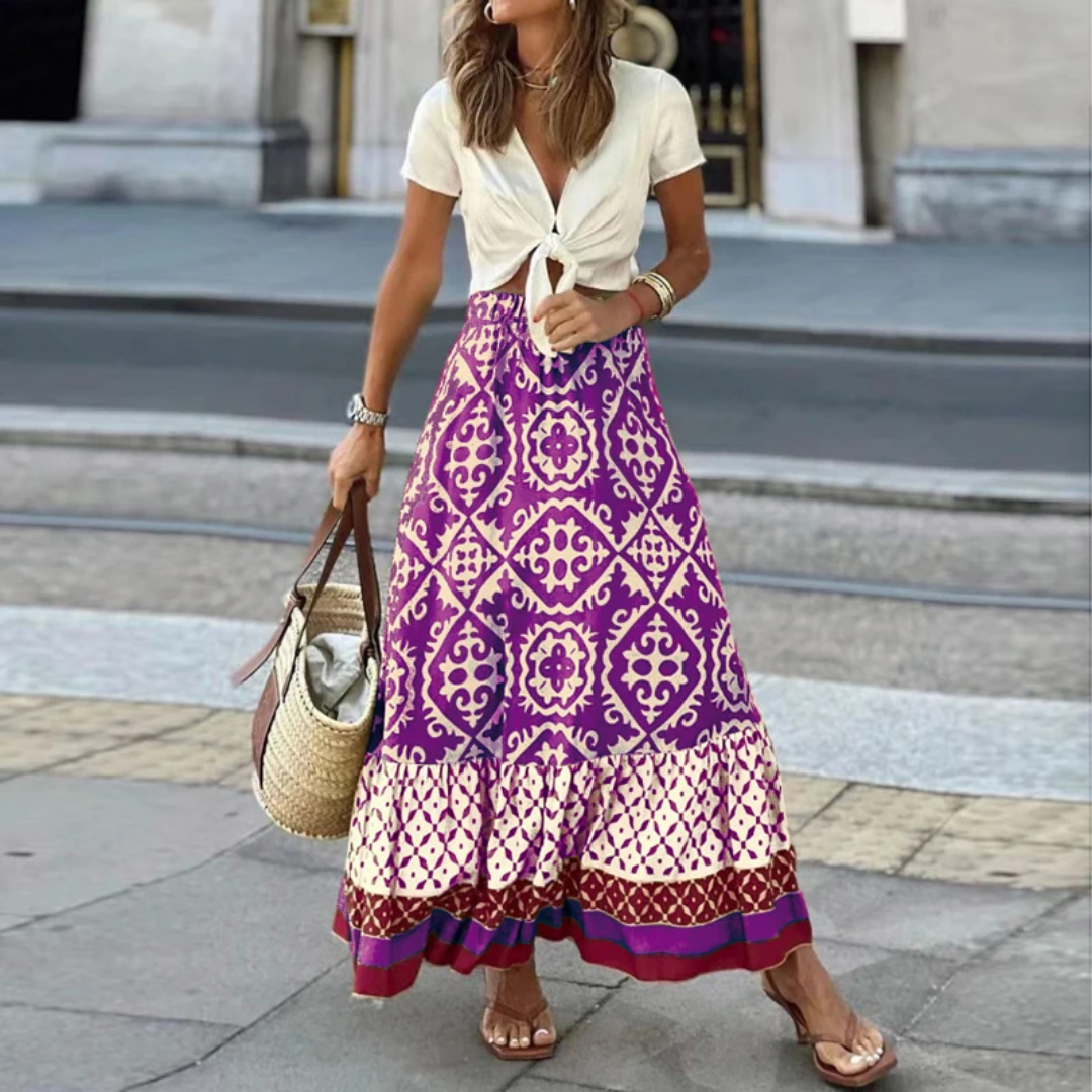 Maxi Skirt Women – A-Line Fit – Geometric Pattern – Layered Hem – Natural Fiber