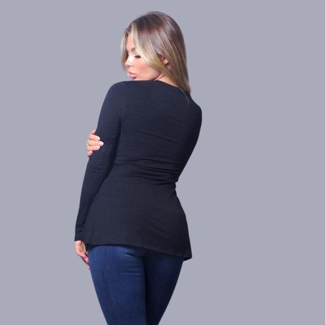 Women's Long-Sleeve Top – Slim Fit – Asymmetric Split Hem – Round Neck