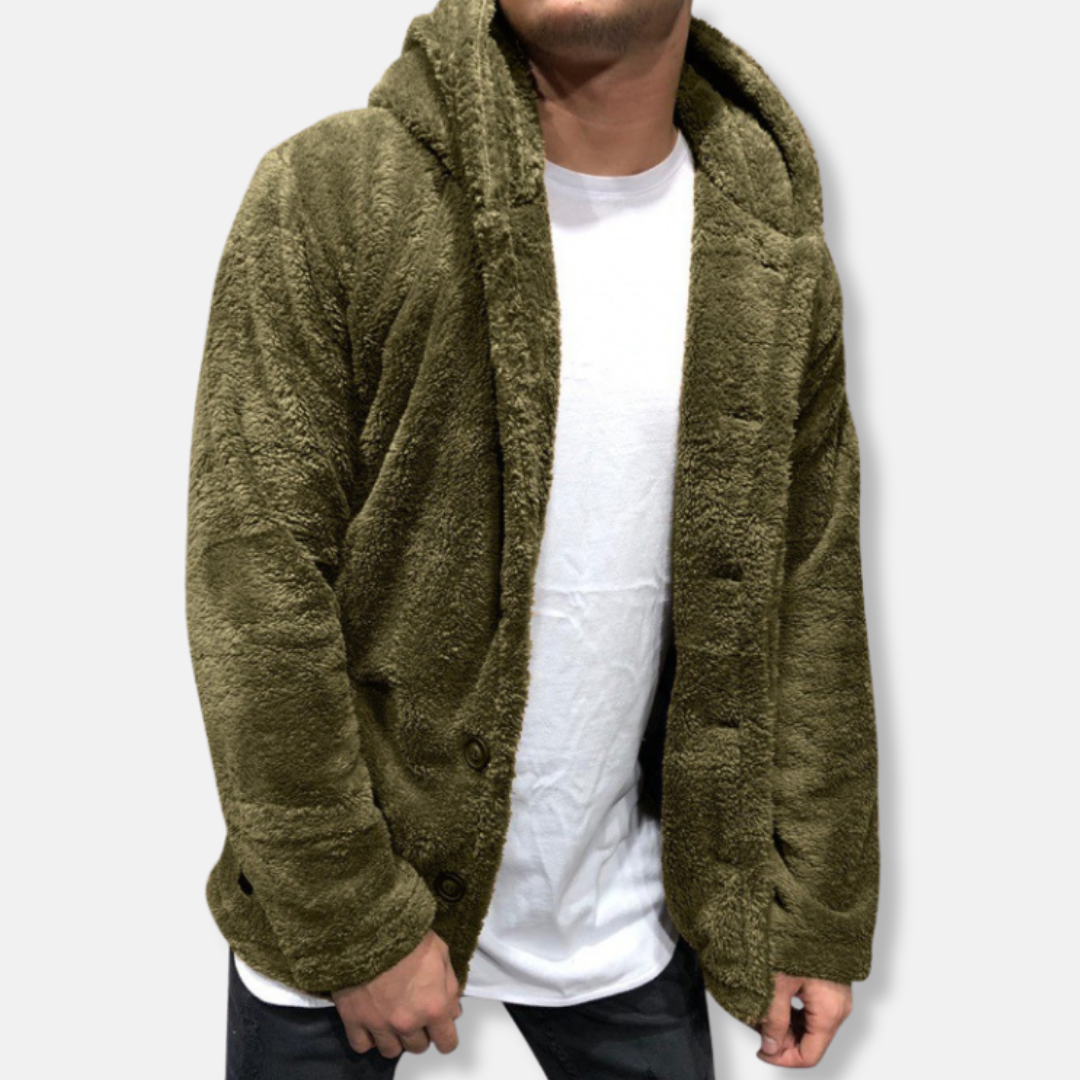 Men's Jacket with Hood – Fleece – Relaxed Fit – Button Closure – Casual Style