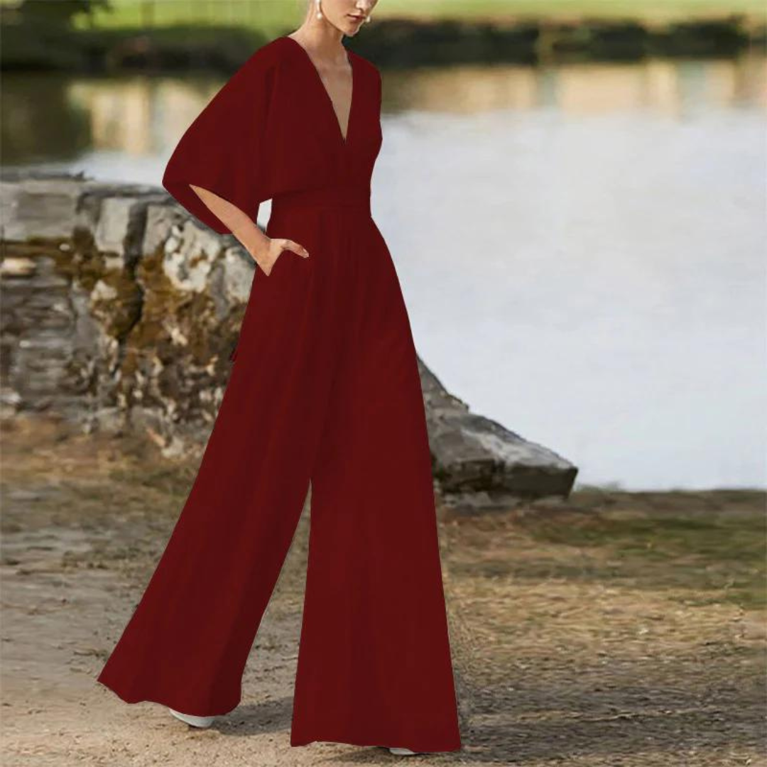 Women's Jumpsuit – Relaxed Fit – Deep V-neck – Wide Legs – Breathable Blend