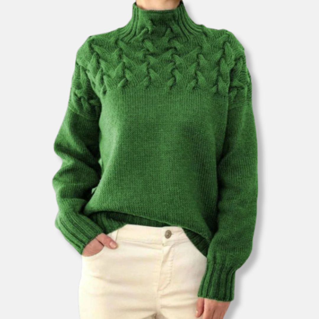 Rose Wool High Neck Sweater | Cable Knit Relaxed Fit Sweater
