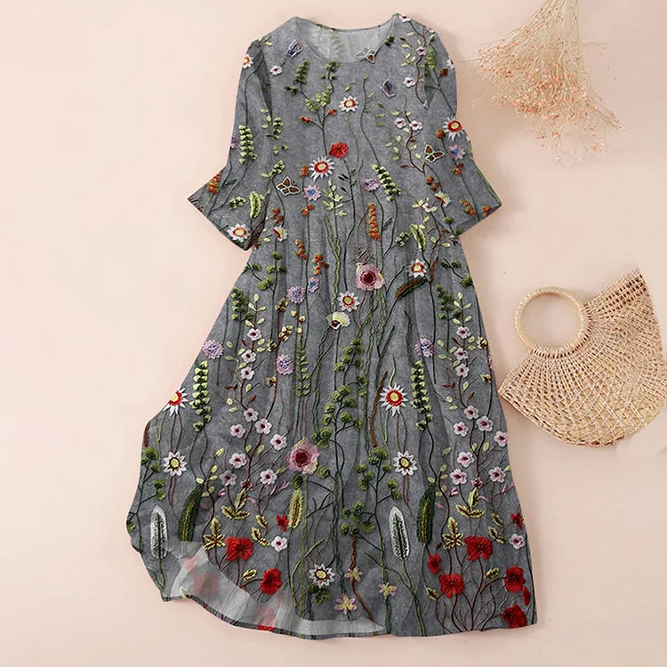 Dress for Women – Relaxed Fit – Embroidered A-line – Knee-length – Breathable Material