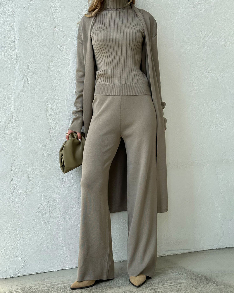 Women 3-Piece Set – Open Long Coat – High Waist Wide Pants – Sleeveless Ribbed Top