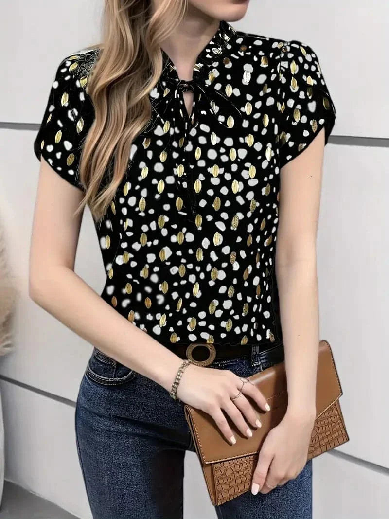 Women's Blouse - Short-Sleeved V-Neck - Light and Airy - Modern Pattern