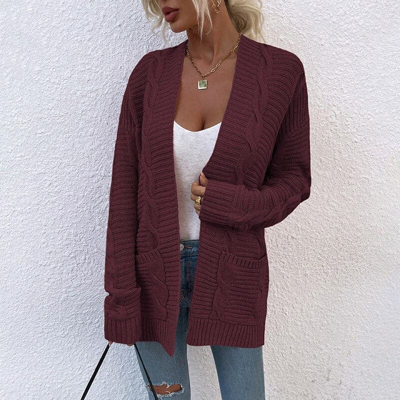 Women's Cardigan - Knitted Cable Knit - Open Front - Long Sleeved with Pockets