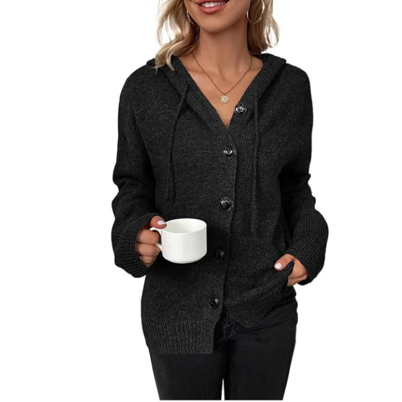 Women's Cardigan – Soft Knit – Oversized Fit – Button Closure – Hood – Ribbed Edges