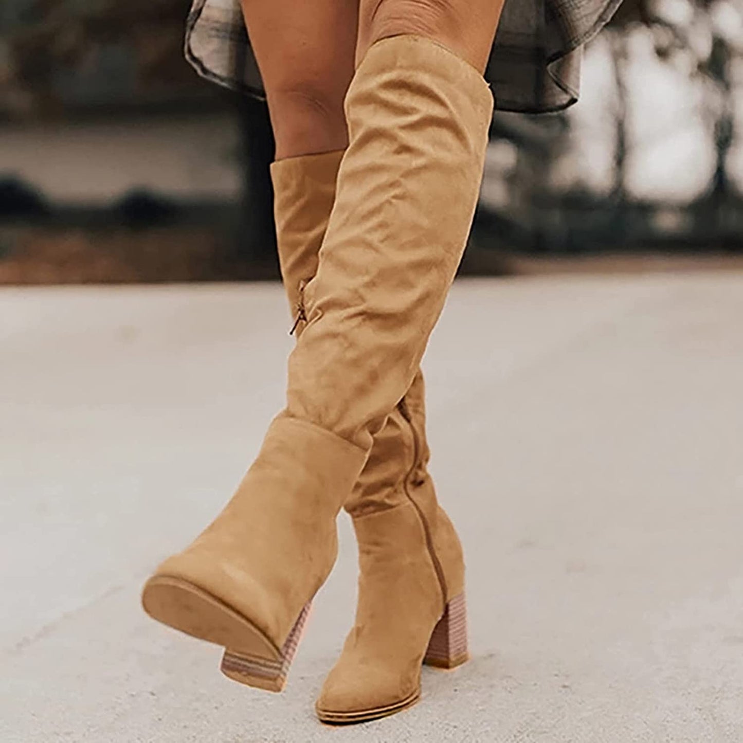 Women's Boots - Knee High - Soft Suede Leather - Block Heel - Pointed Toe - Pull-On