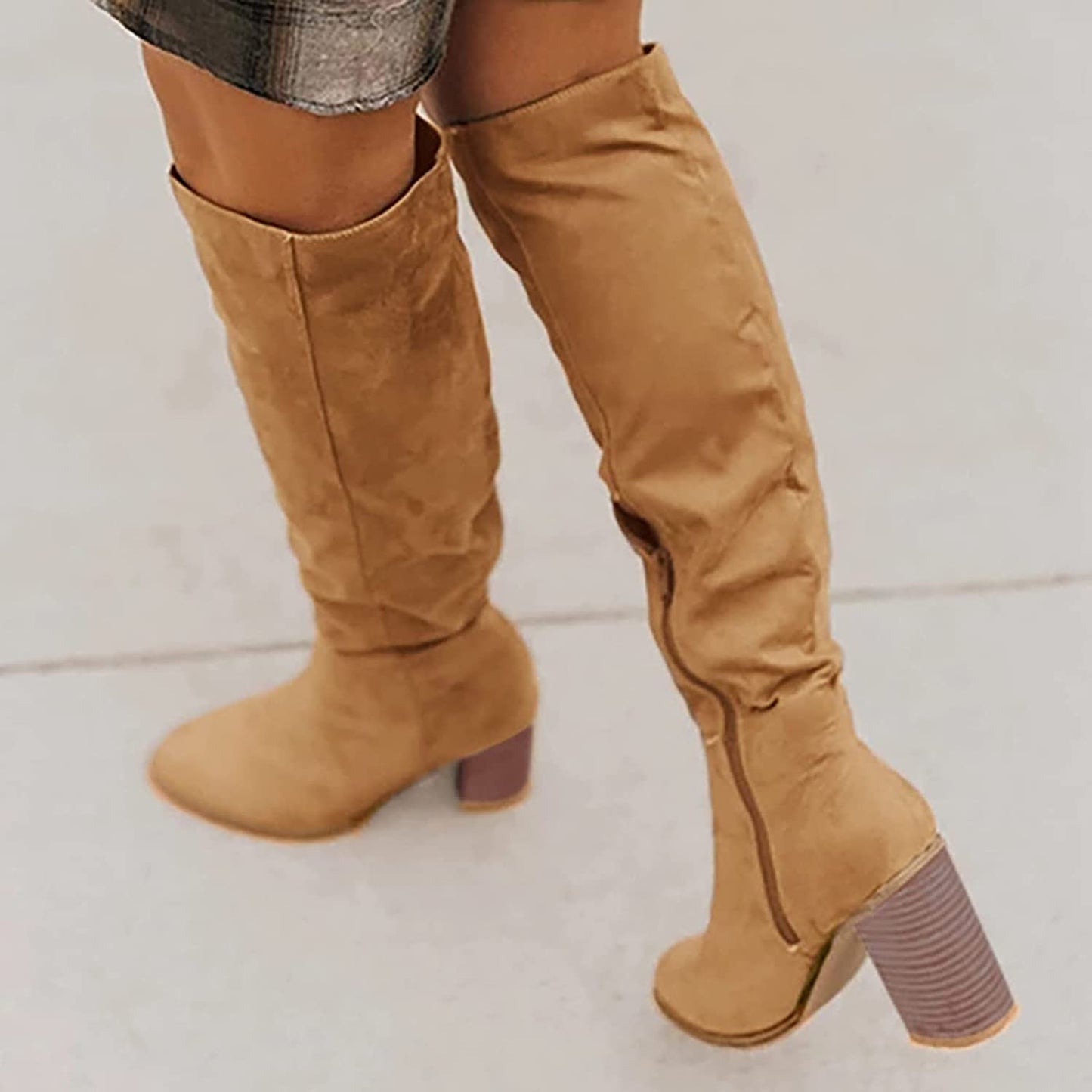 Women's Boots - Knee High - Soft Suede Leather - Block Heel - Pointed Toe - Pull-On
