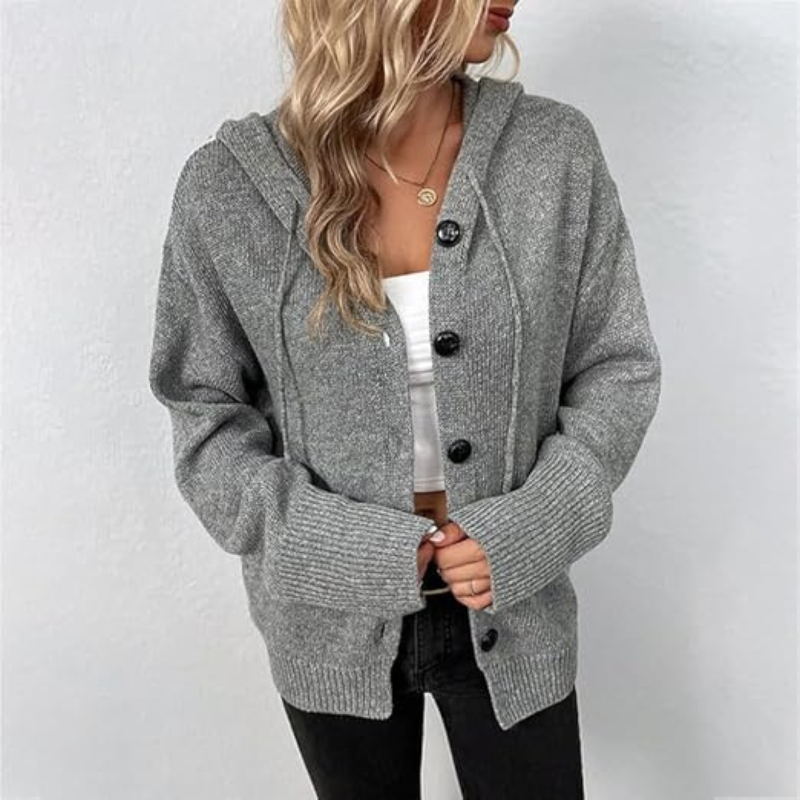 Women's Cardigan – Soft Knit – Oversized Fit – Button Closure – Hood – Ribbed Edges