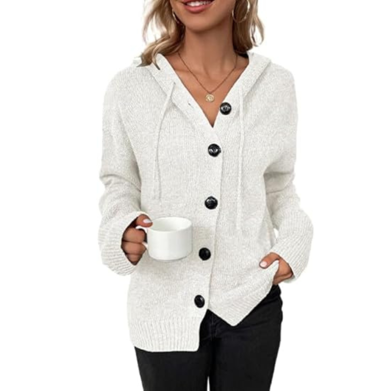 Women's Cardigan – Soft Knit – Oversized Fit – Button Closure – Hood – Ribbed Edges