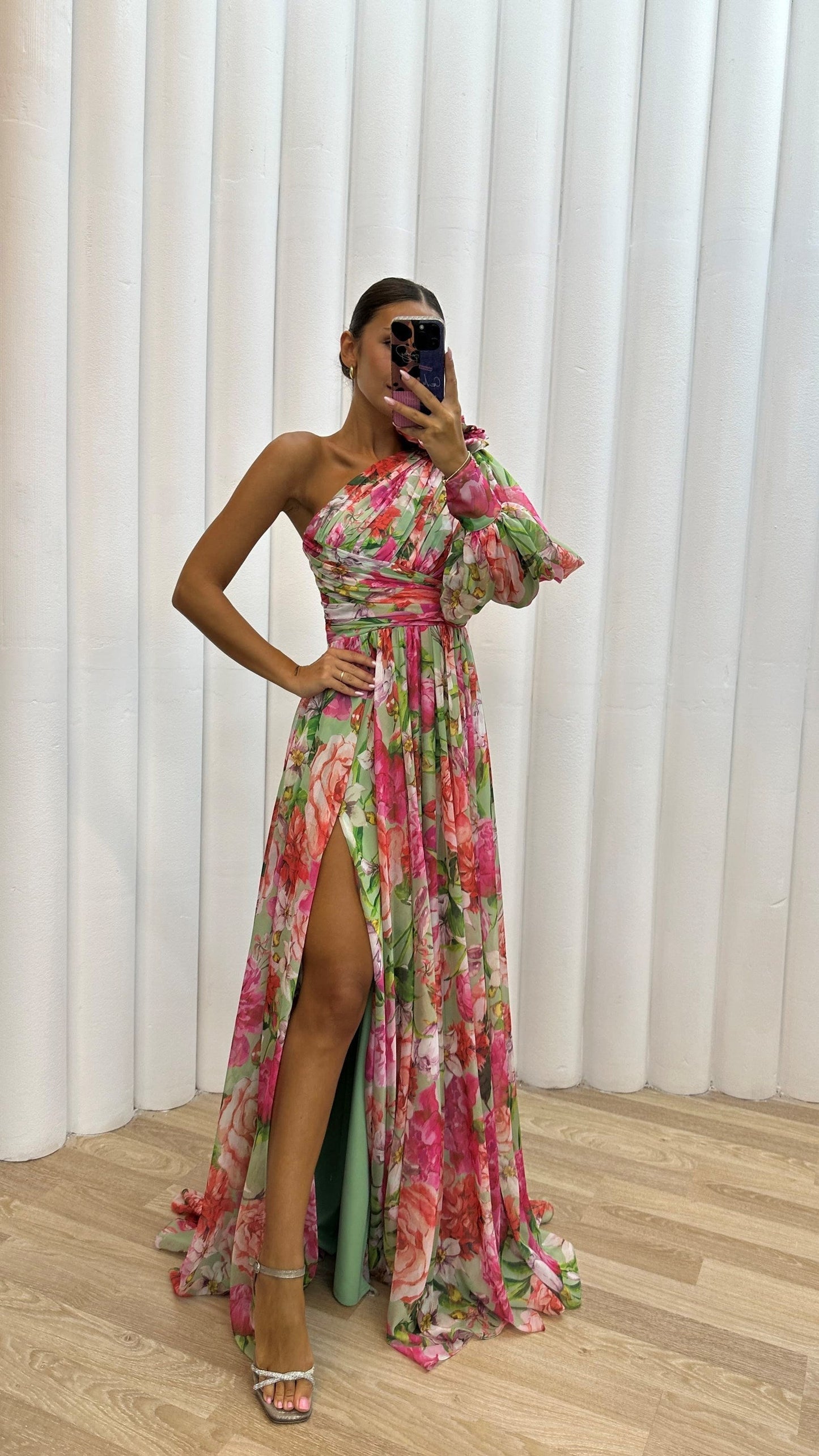Dress woman – maxi dress with floral pattern – one shoulder – high slit – elegant fit