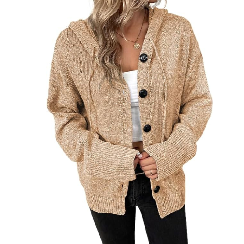 Women's Cardigan – Soft Knit – Oversized Fit – Button Closure – Hood – Ribbed Edges