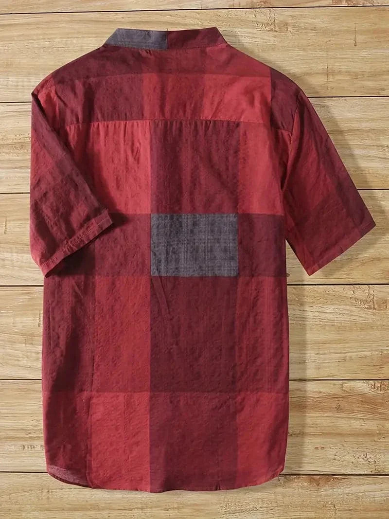 Men's Shirt - Short Sleeve with Mandarin Collar - Checkered Design - Relaxed Fit