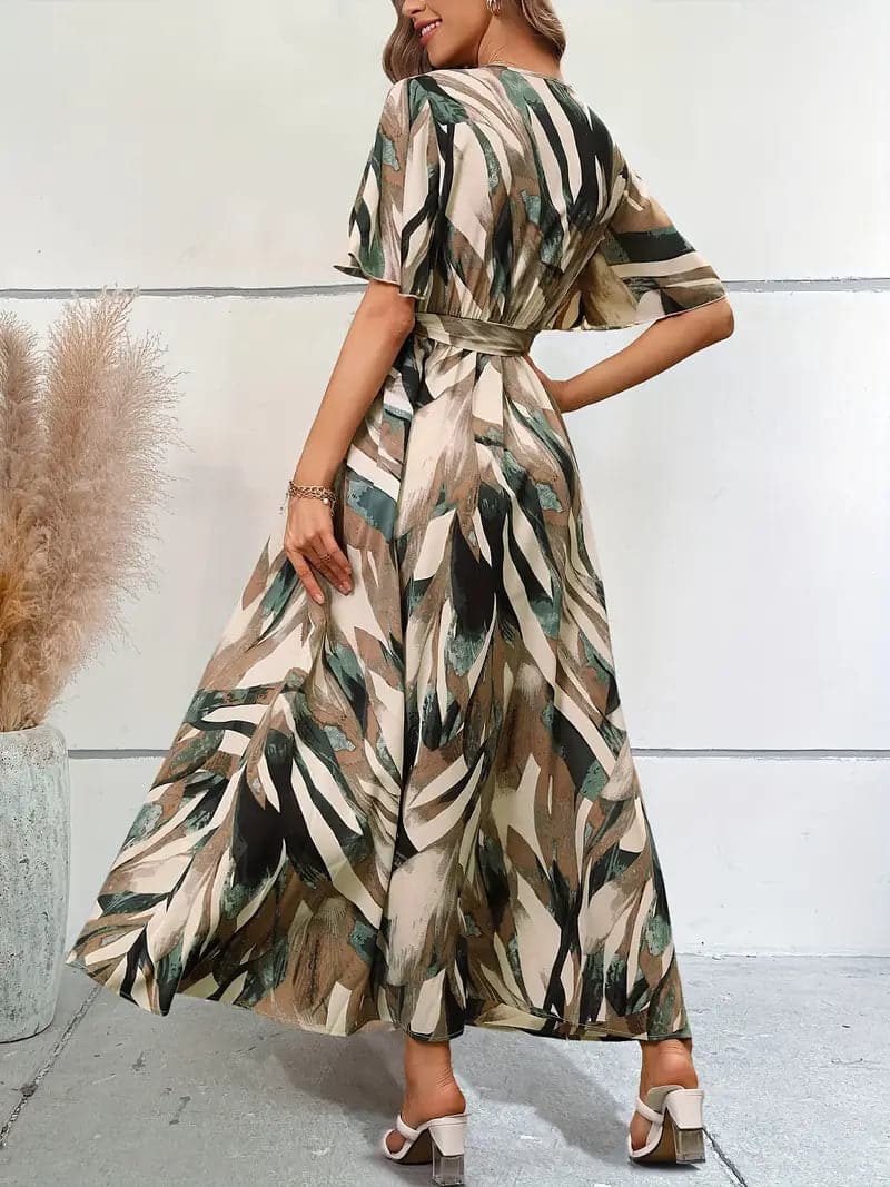 Maxi Dress for Women – Airy Fabric – A-line Fit – Short Sleeves – Tie Belt at Waist
