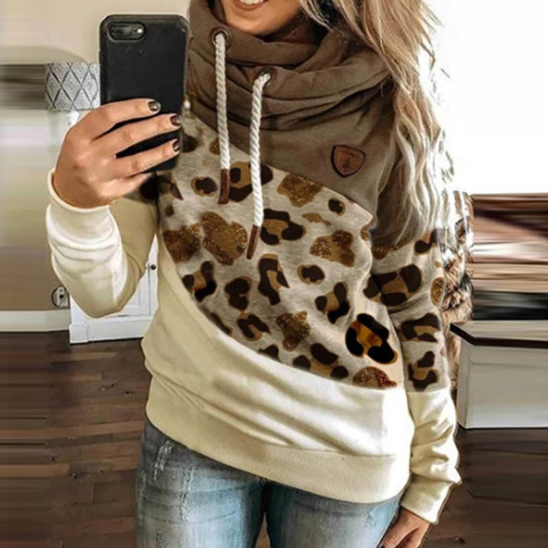 Women's Hoodie - Relaxed Fit - Leopard Print and Color Blocks - Drawstring
