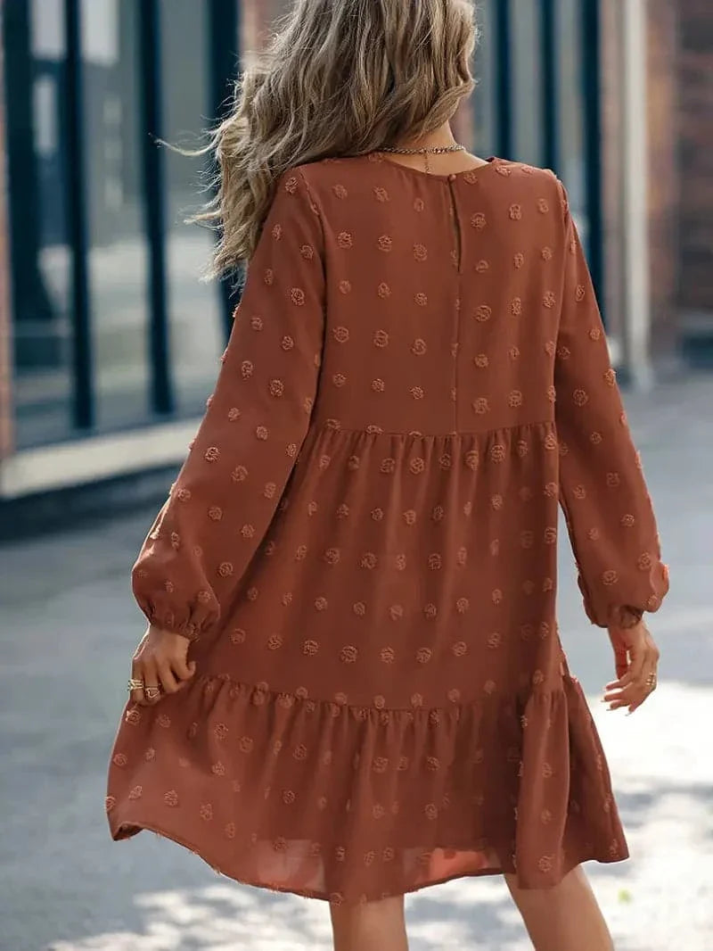 Women's Dress - Layered Design - Long Sleeves - Embroidered Texture - Comfortable Fit