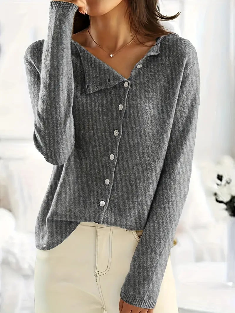 Women's Cardigan – Wool Blend – Asymmetric Button Closure – Relaxed Fit – V-Neck