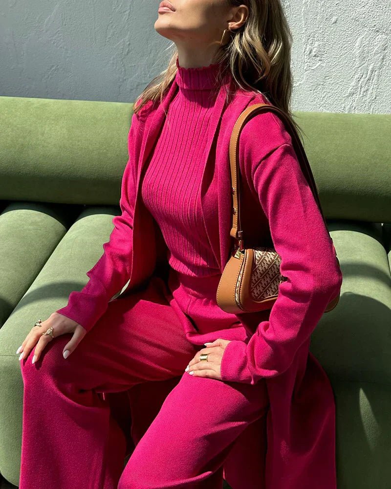 Women 3-Piece Set – Open Long Coat – High Waist Wide Pants – Sleeveless Ribbed Top