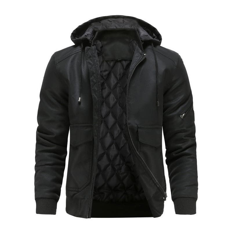 Men's Leather-Look Jacket – Drawstring Hood – Quilted Lining – Zipper Closure – Ribbed Hem