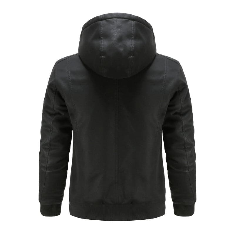 Men's Leather-Look Jacket – Drawstring Hood – Quilted Lining – Zipper Closure – Ribbed Hem