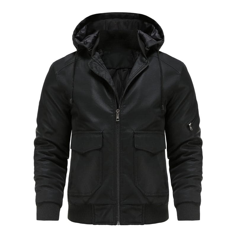 Men's Leather-Look Jacket – Drawstring Hood – Quilted Lining – Zipper Closure – Ribbed Hem