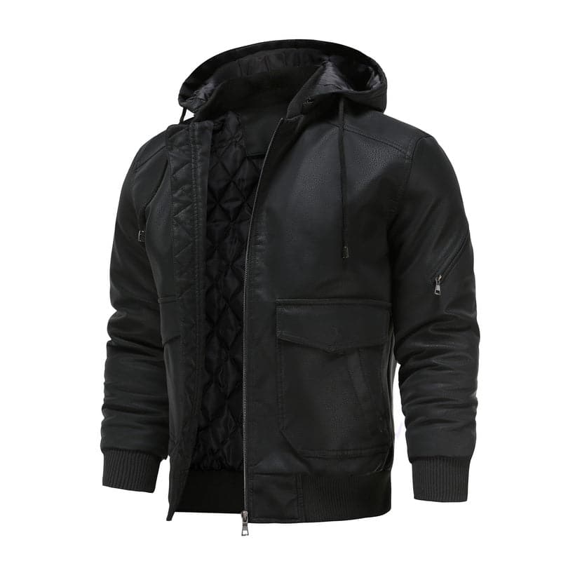 Men's Leather-Look Jacket – Drawstring Hood – Quilted Lining – Zipper Closure – Ribbed Hem