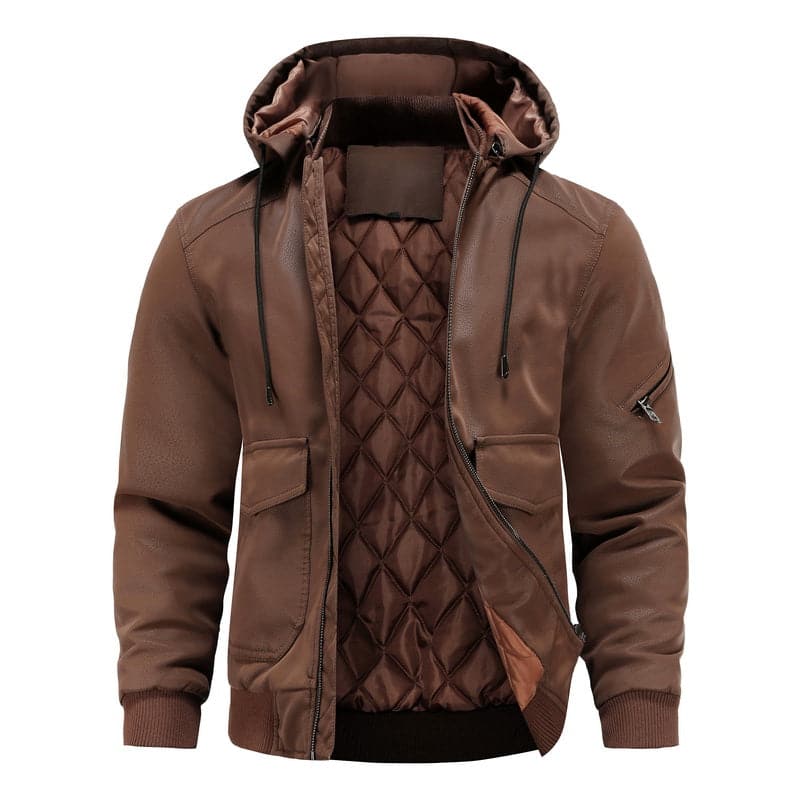 Men's Leather-Look Jacket – Drawstring Hood – Quilted Lining – Zipper Closure – Ribbed Hem