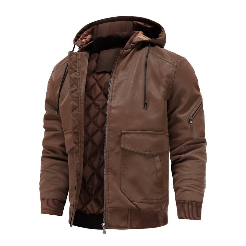 Men's Leather-Look Jacket – Drawstring Hood – Quilted Lining – Zipper Closure – Ribbed Hem
