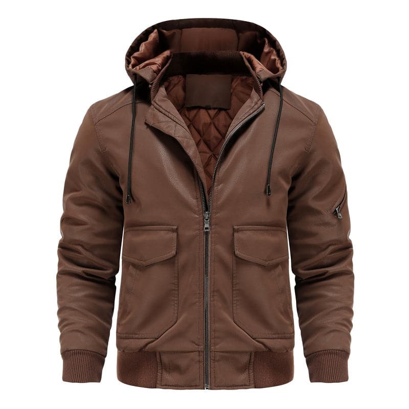 Men's Leather-Look Jacket – Drawstring Hood – Quilted Lining – Zipper Closure – Ribbed Hem