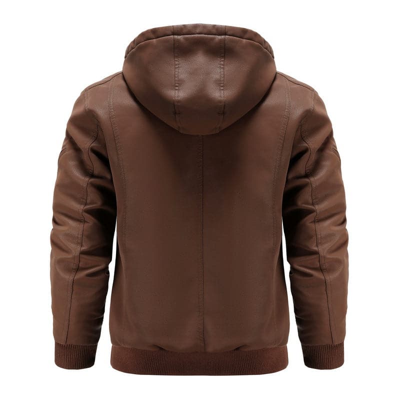 Men's Leather-Look Jacket – Drawstring Hood – Quilted Lining – Zipper Closure – Ribbed Hem