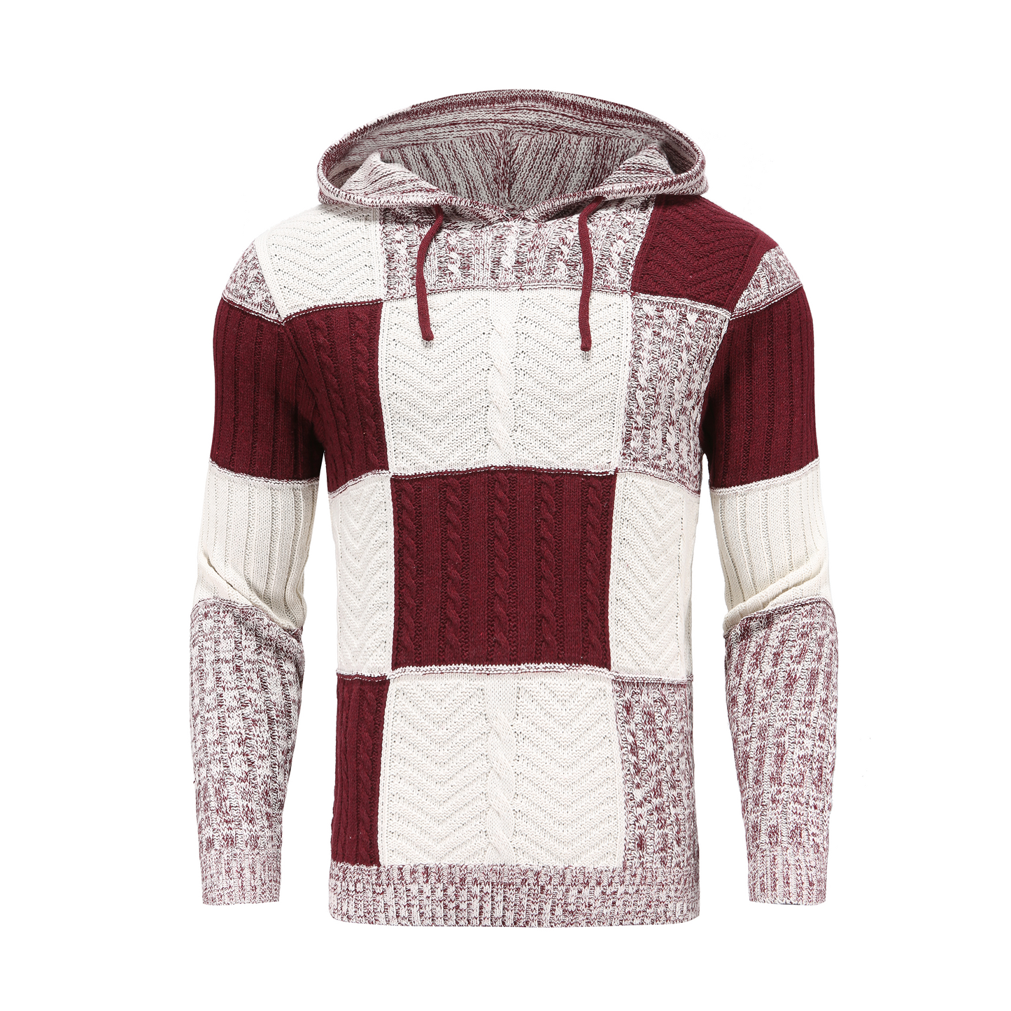 Men's Sweater with Hood – Knitted Design – Patchwork Pattern – Comfortable Fit
