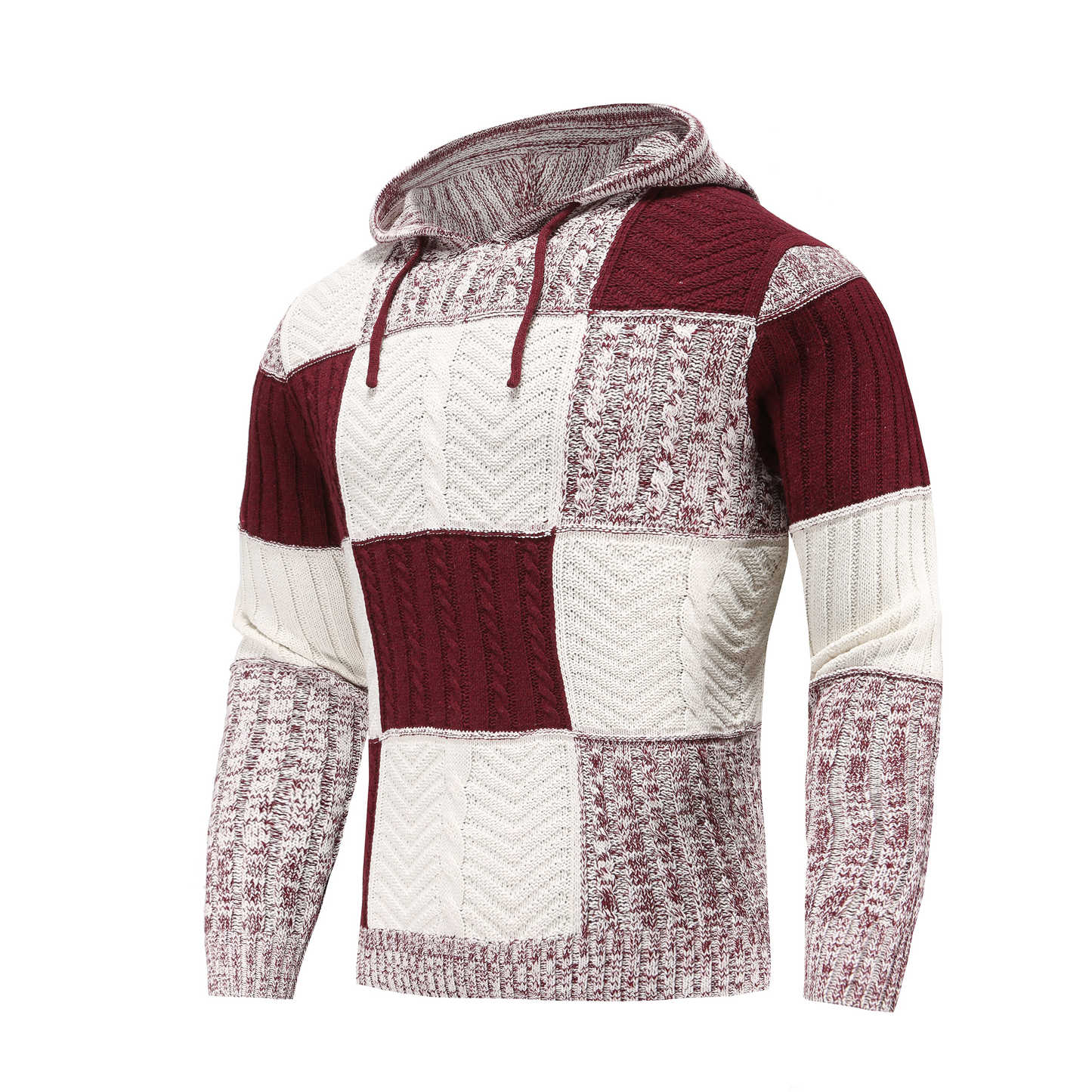Men's Sweater with Hood – Knitted Design – Patchwork Pattern – Comfortable Fit