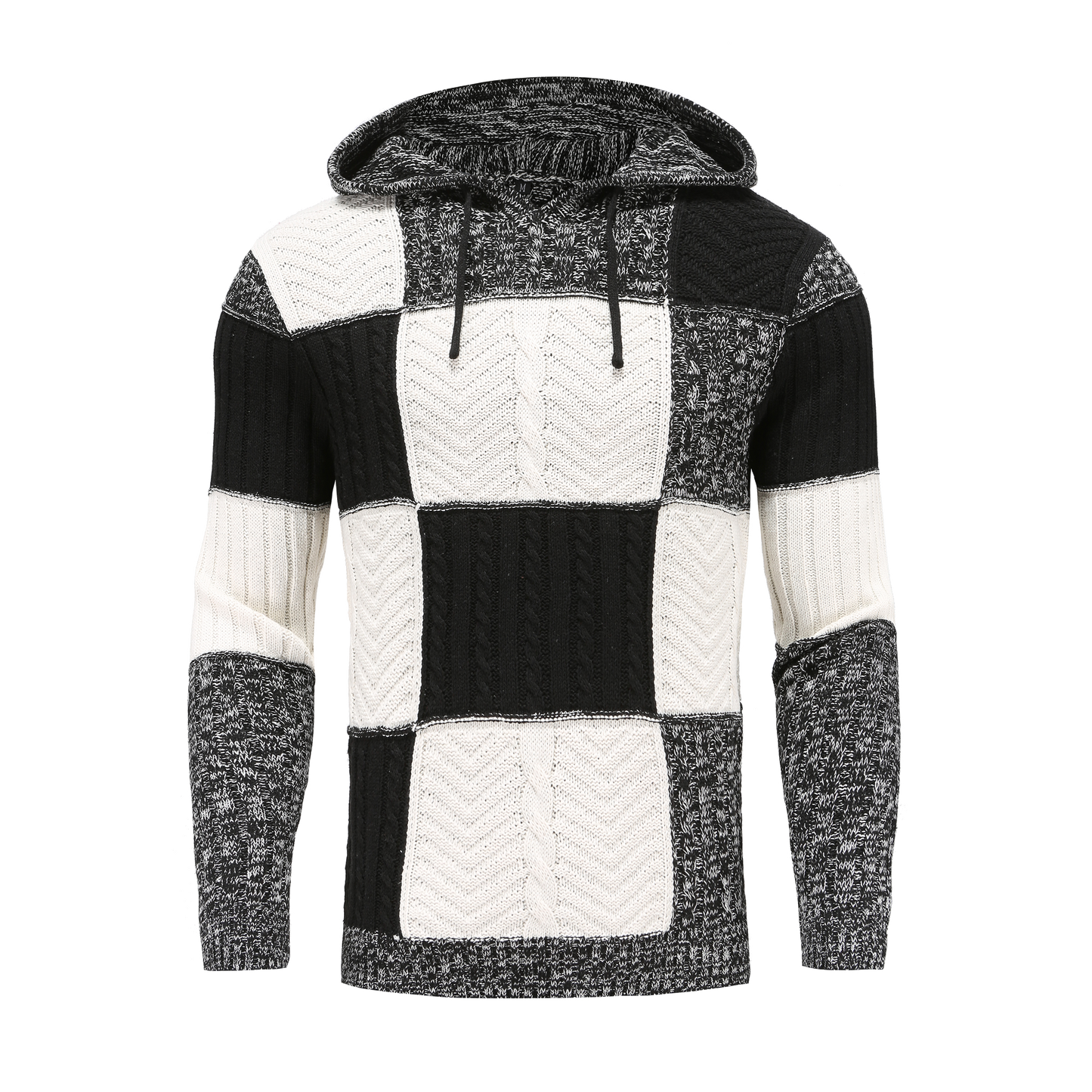 Men's Sweater with Hood – Knitted Design – Patchwork Pattern – Comfortable Fit
