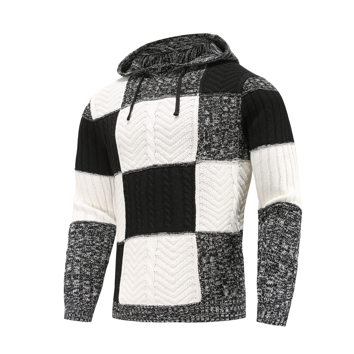 Men's Sweater with Hood – Knitted Design – Patchwork Pattern – Comfortable Fit