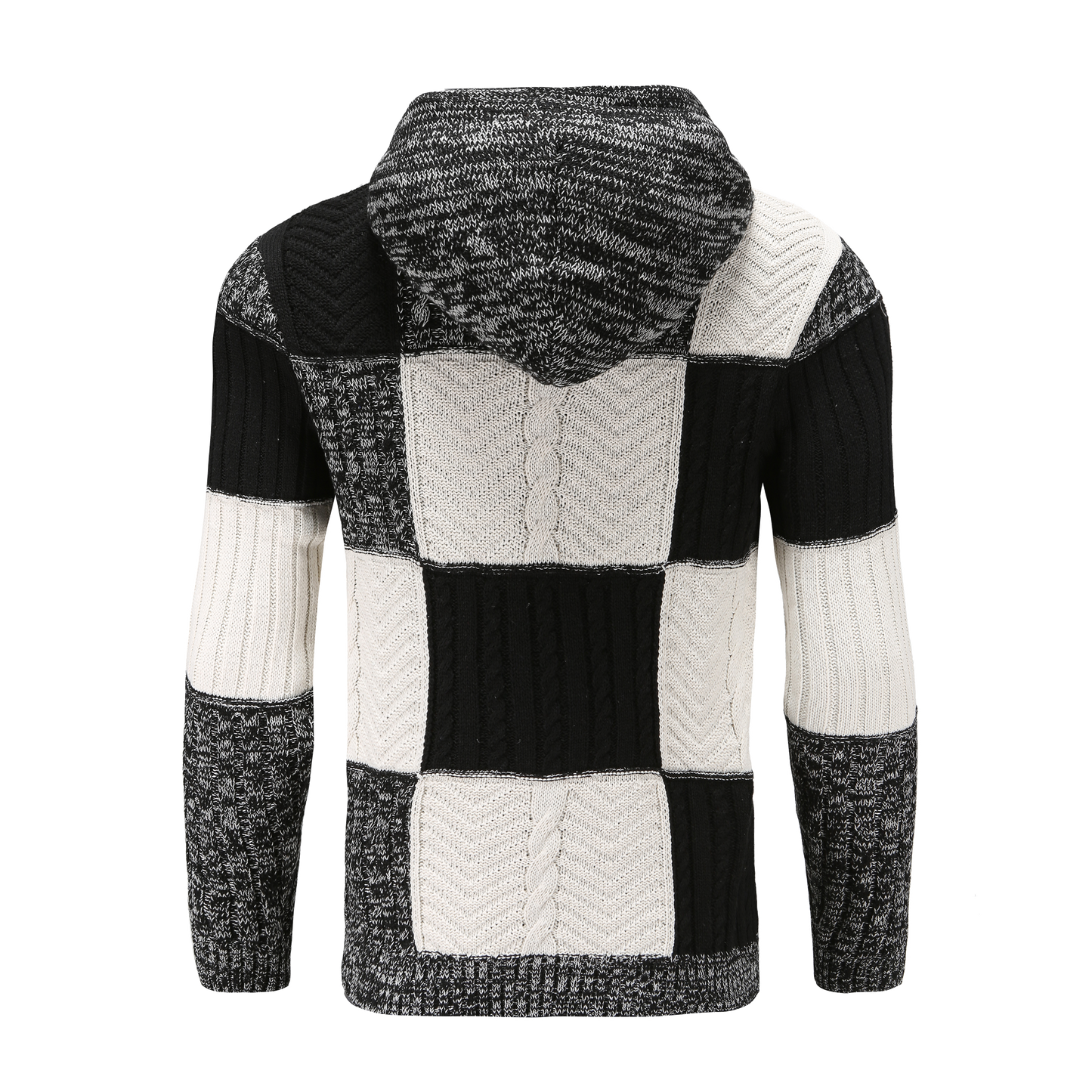 Men's Sweater with Hood – Knitted Design – Patchwork Pattern – Comfortable Fit