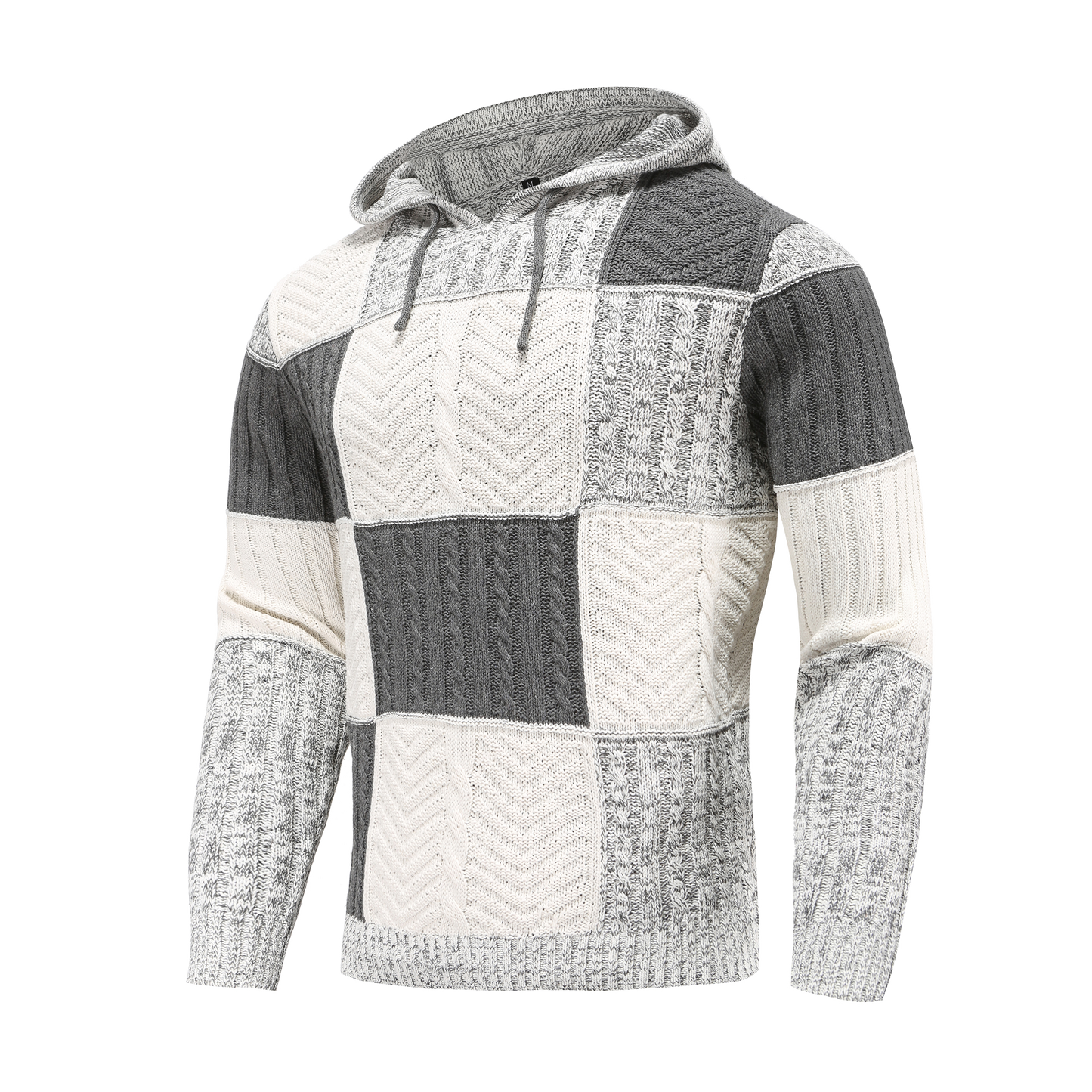 Men's Sweater with Hood – Knitted Design – Patchwork Pattern – Comfortable Fit