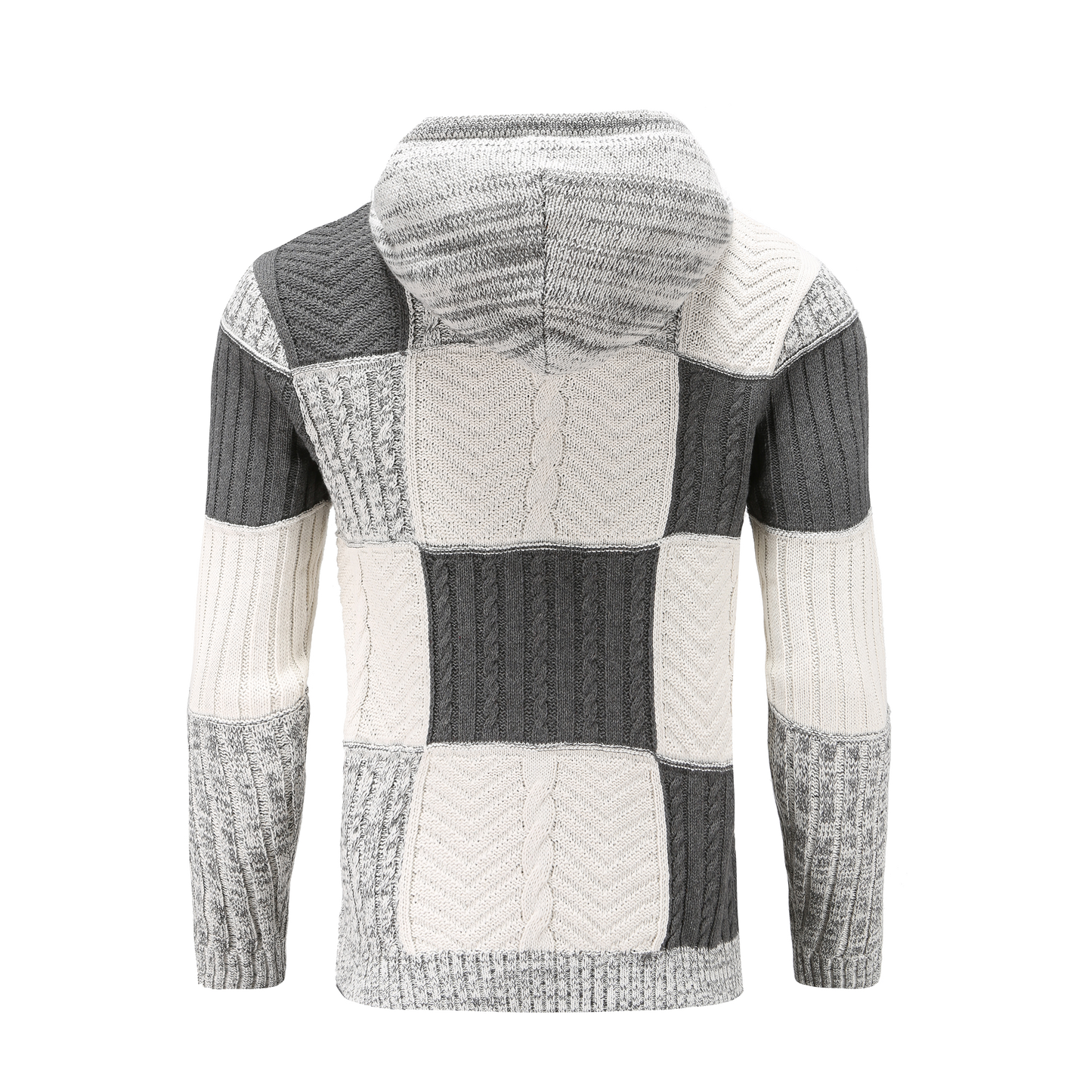 Men's Sweater with Hood – Knitted Design – Patchwork Pattern – Comfortable Fit