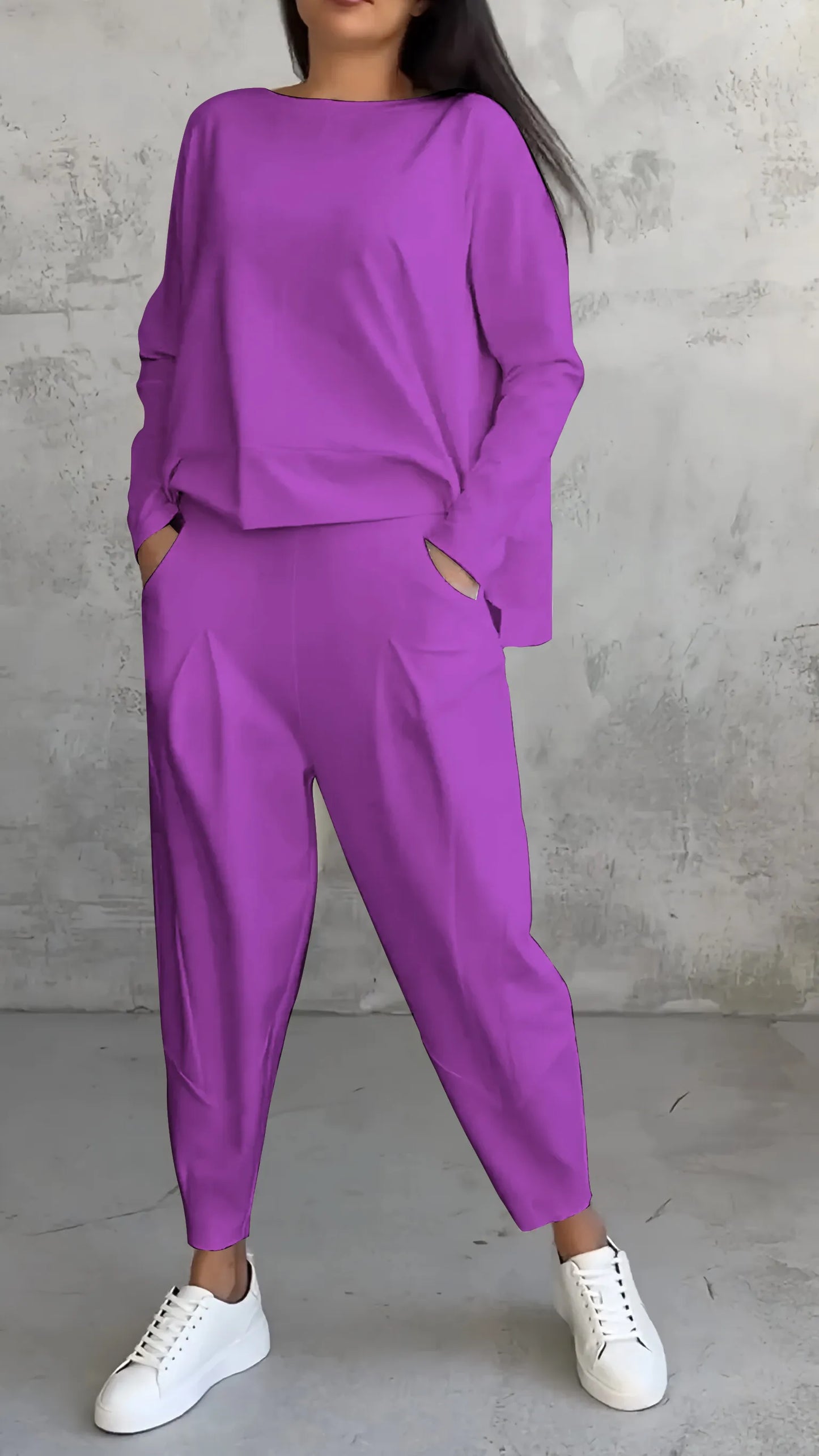 Women's Two-Piece Set – Relaxed Fit – Long-Sleeved Top and Harem Pants – Breathable Fabric