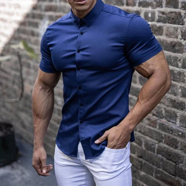 Men's Shirt with Short Sleeves – Slim Fit – Stretch Fabric – Button Closure – Everyday Use